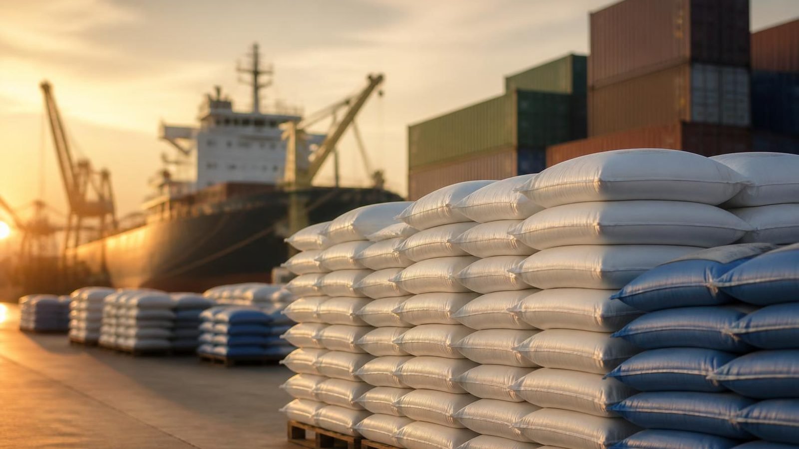 Bagged commodity staged for export at a regional port